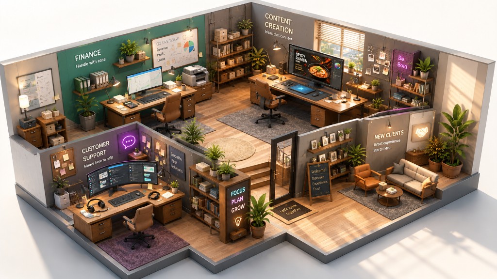 Isometric office with finance, content, support, and sales areas